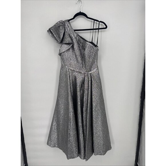 MAC DUGGAL Size 6 Silver Metallic One SHOULDER BOW MIDI BROCADE DRESS 67906 New - Picture 4 of 10
